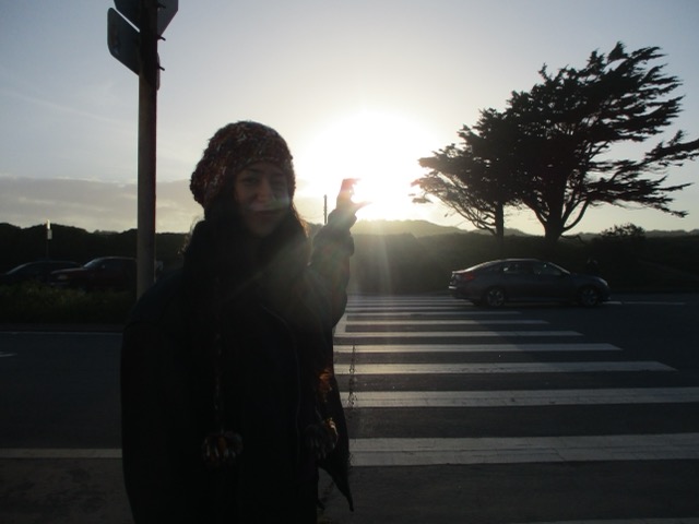 walking on campus at sunset