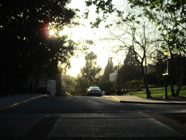 walking on campus at sunset